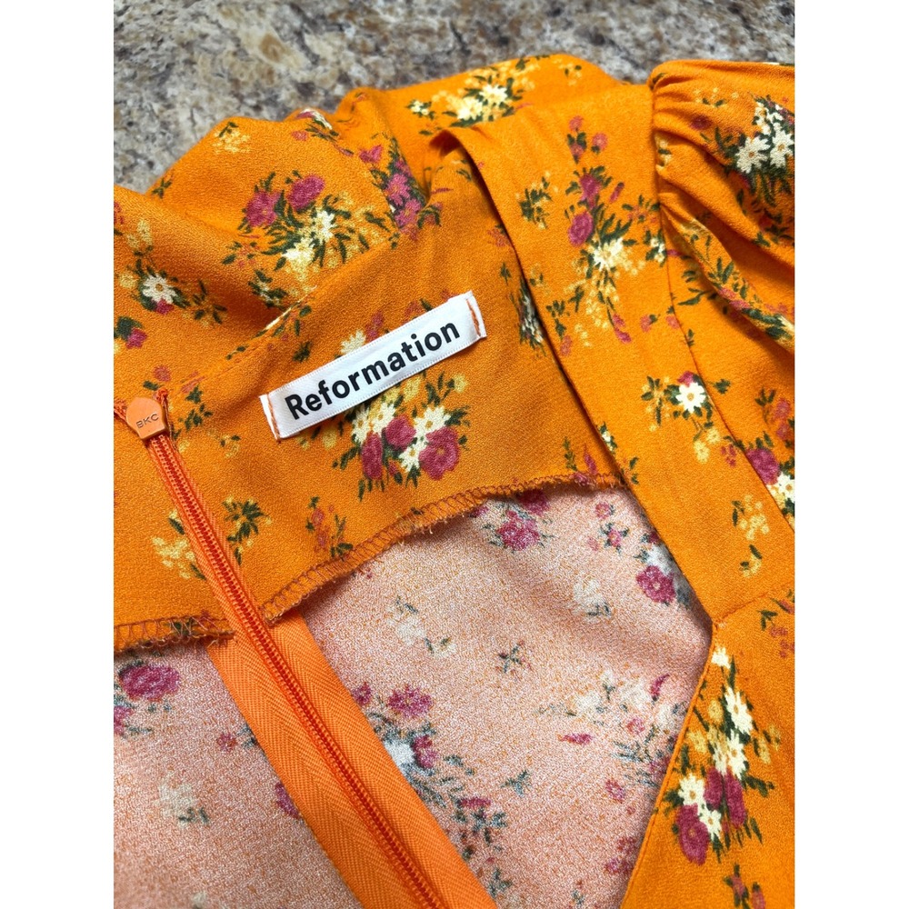 Reformation Lacey Dress Orange Ditsy Floral Puff Sleeve Midi Slit Size 6 - Picture 10 of 13